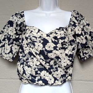 J Crew Blue Zinnia Floral Crop Top Size M Puff Sleeve Elastic Smocking